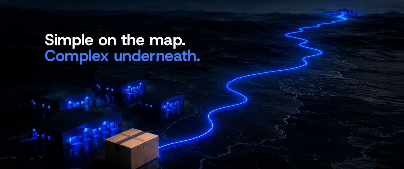 Blue route diagram showing hidden complexity in logistics routing decisions