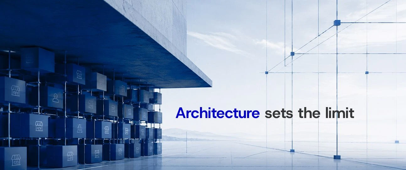 Abstract marketplace architecture banner illustrating how platform structure limits marketplace scalability, with modular blocks and the text “Architecture sets the limit”