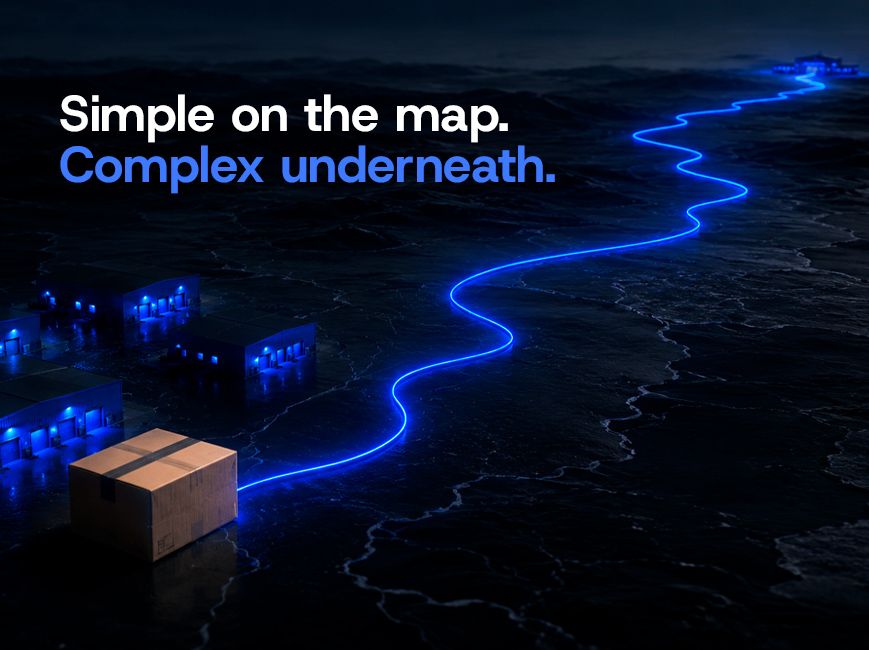 Blue route diagram showing hidden complexity in logistics routing decisions