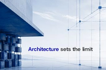 Abstract marketplace architecture banner illustrating how platform structure limits marketplace scalability, with modular blocks and the text “Architecture sets the limit”