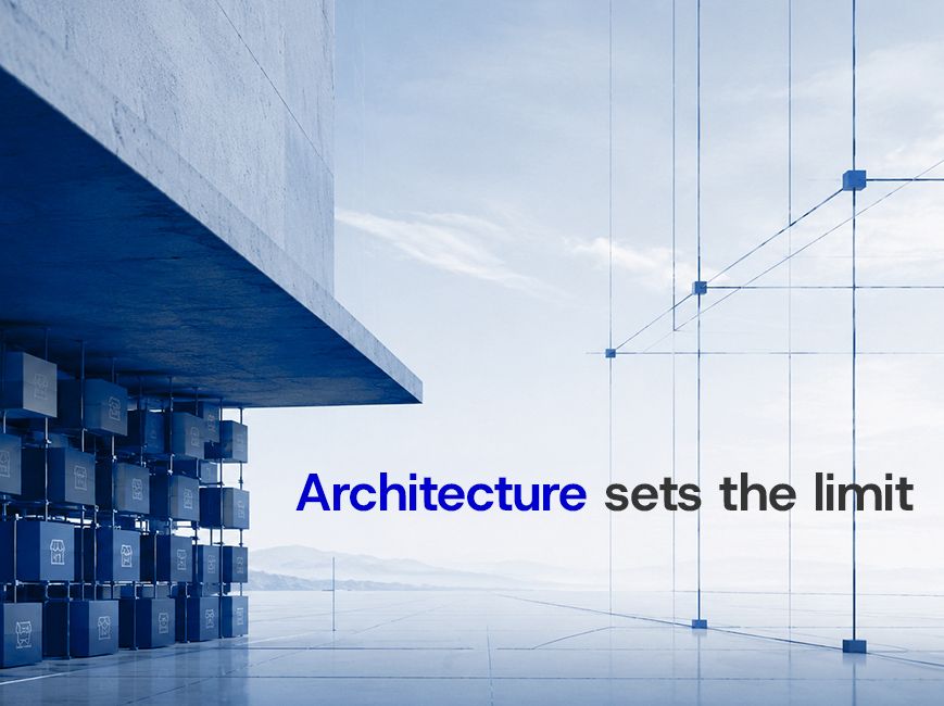Abstract marketplace architecture banner illustrating how platform structure limits marketplace scalability, with modular blocks and the text “Architecture sets the limit”